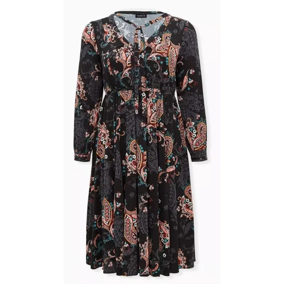 Torrid Midi Challis Skater Dress Black Paisley Plus Size 1 1X Boho Festival - Picture 12 of 13